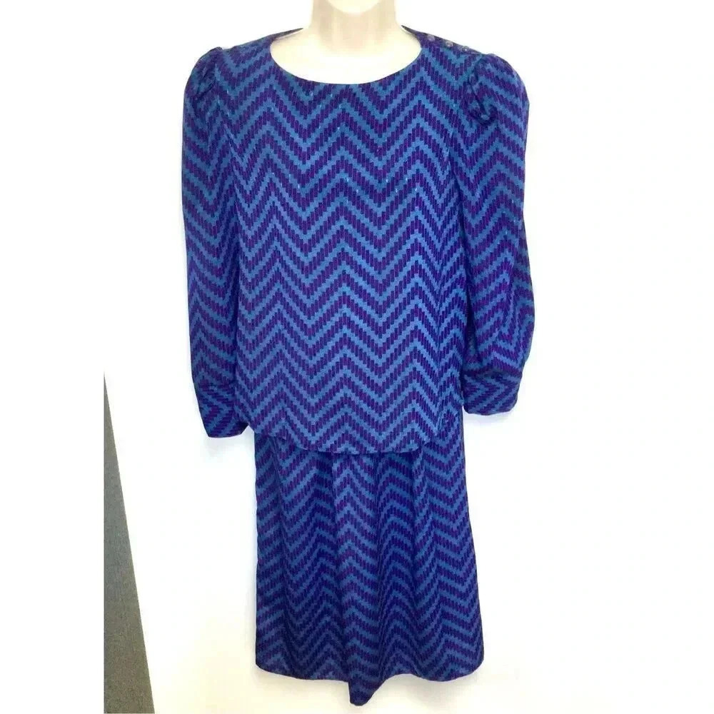 Vintage Womens Blue Purple Chevron Handmade Long Sleeve Top and Skirt Set Medium